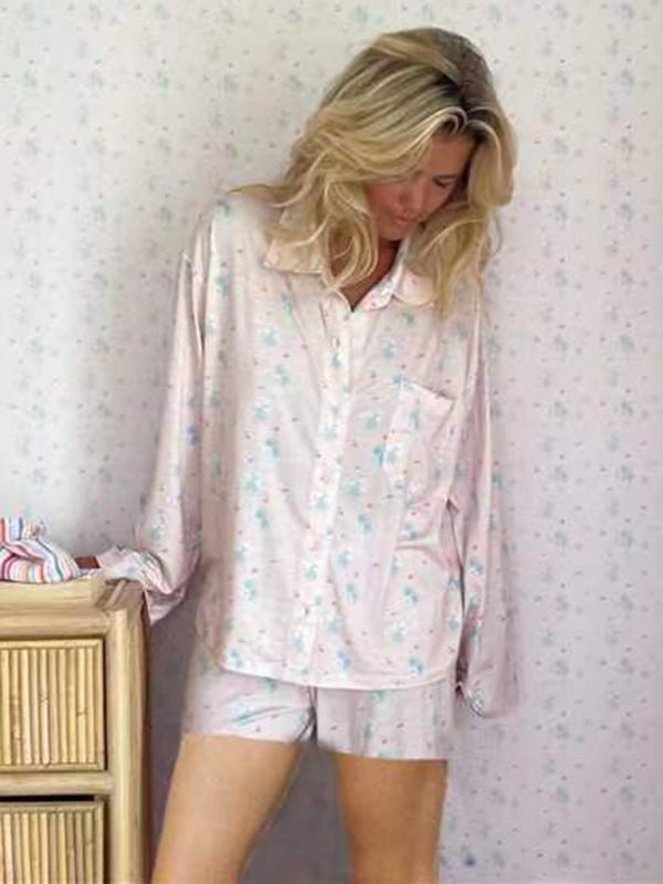 Blue Zone Planet | long-sleeved printed pajamas with slits, loose long-sleeved shorts, home wear set BLUE ZONE PLANET