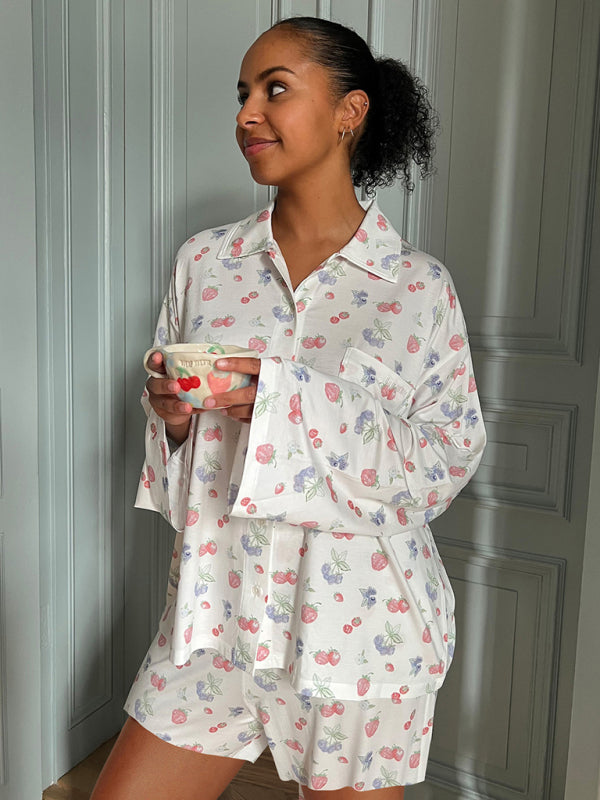 Blue Zone Planet | long-sleeved printed pajamas with slits, loose long-sleeved shorts, home wear set BLUE ZONE PLANET