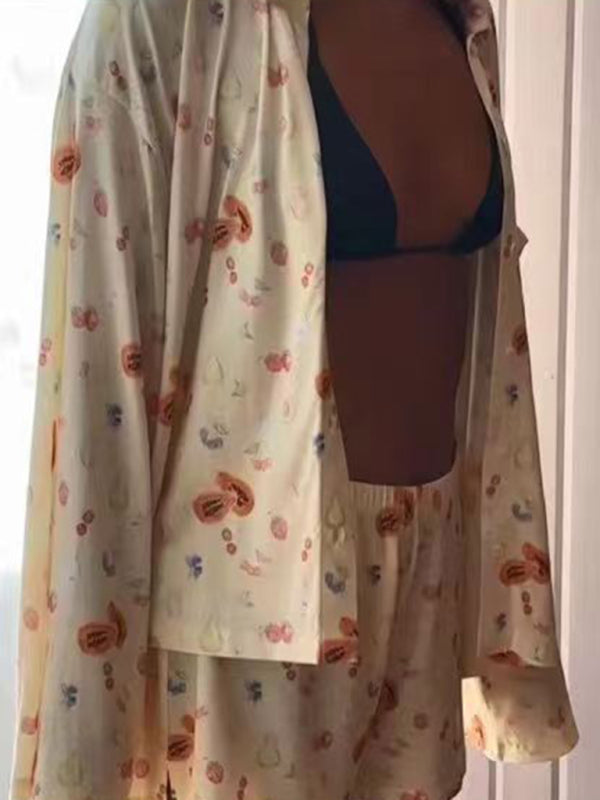 Blue Zone Planet | long-sleeved printed pajamas with slits, loose long-sleeved shorts, home wear set BLUE ZONE PLANET