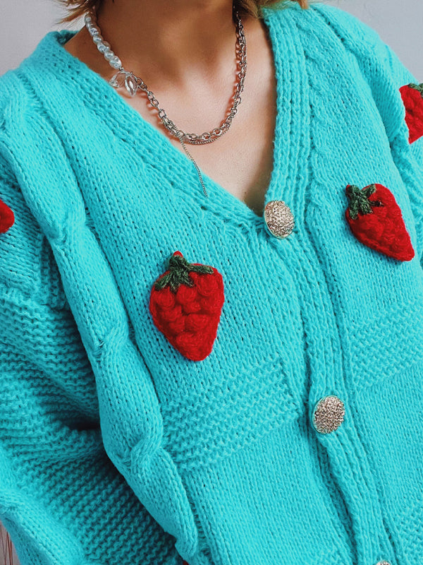 loose strawberry embroidered burlap single-breasted knitted sweater jacket cardigan kakaclo