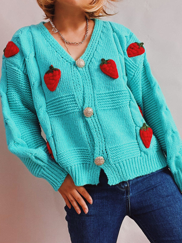 loose strawberry embroidered burlap single-breasted knitted sweater jacket cardigan kakaclo