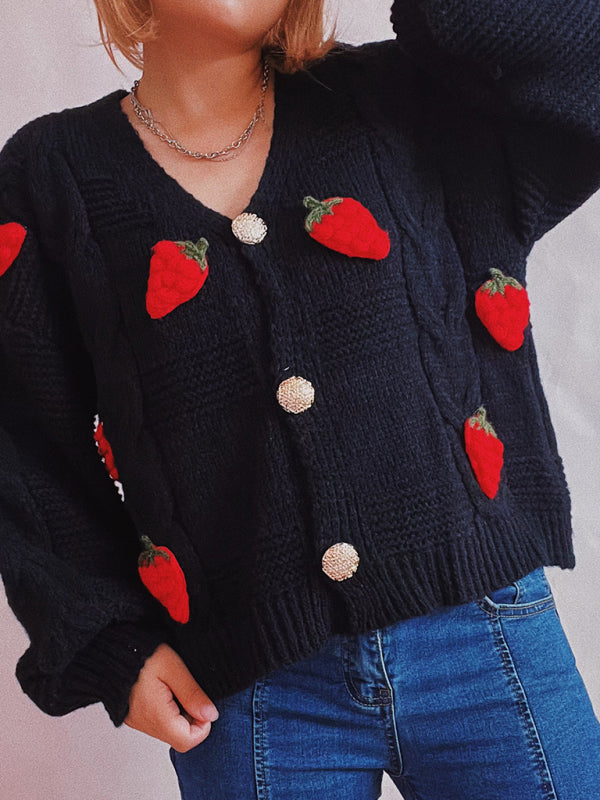 loose strawberry embroidered burlap single-breasted knitted sweater jacket cardigan kakaclo