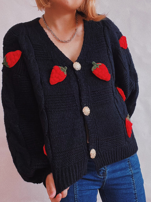loose strawberry embroidered burlap single-breasted knitted sweater jacket cardigan kakaclo