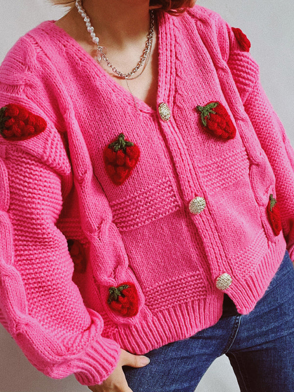 loose strawberry embroidered burlap single-breasted knitted sweater jacket cardigan kakaclo
