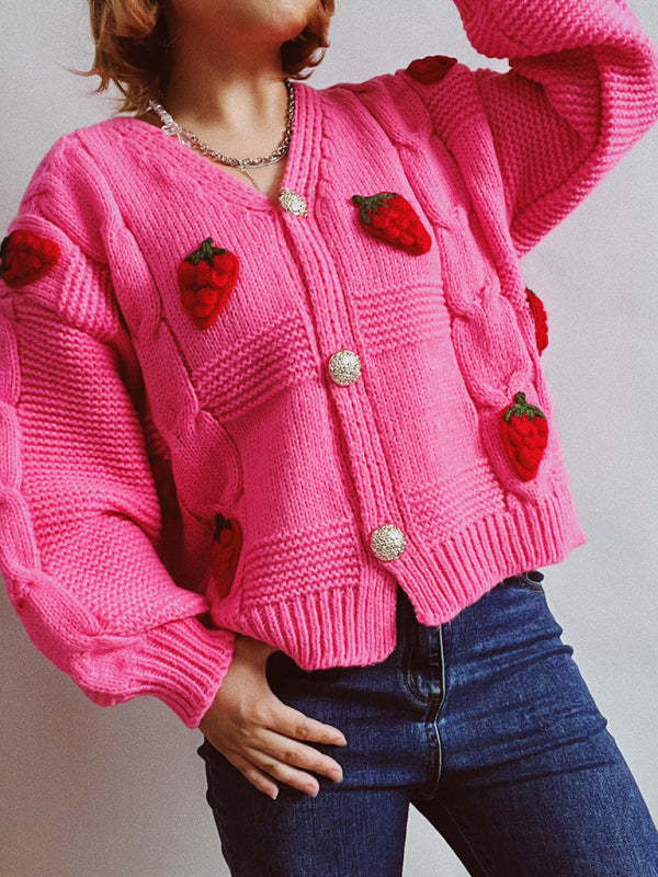 loose strawberry embroidered burlap single-breasted knitted sweater jacket cardigan kakaclo