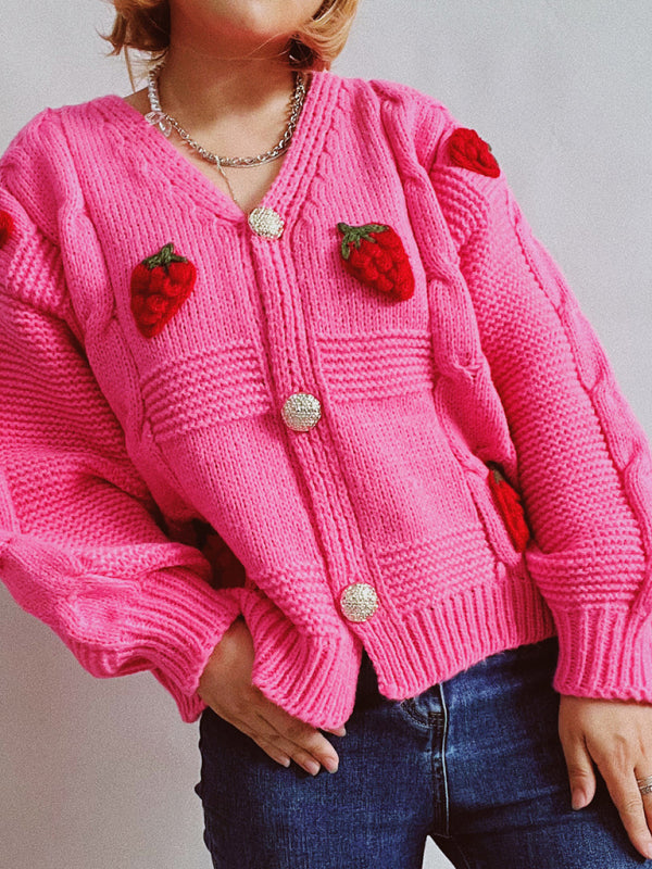 loose strawberry embroidered burlap single-breasted knitted sweater jacket cardigan kakaclo