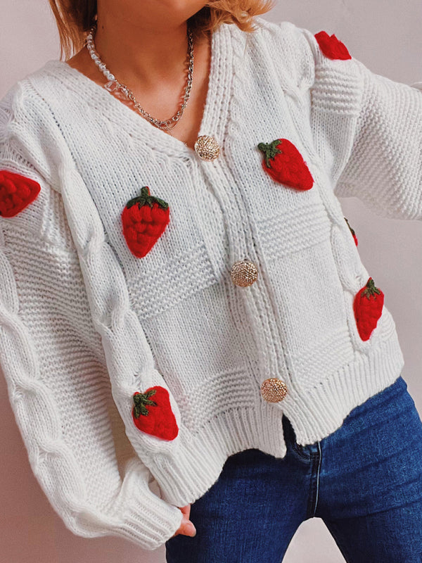 loose strawberry embroidered burlap single-breasted knitted sweater jacket cardigan kakaclo