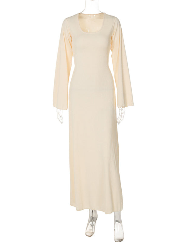 Feminine U-neck tie-back long-sleeved dress kakaclo