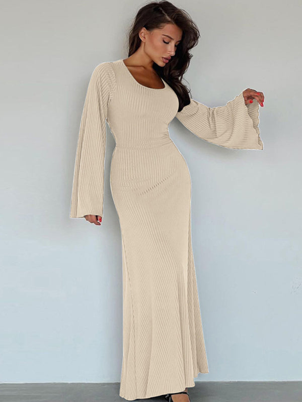 Feminine U-neck tie-back long-sleeved dress kakaclo