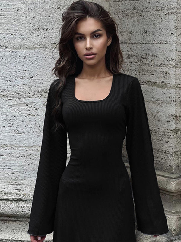 Feminine U-neck tie-back long-sleeved dress kakaclo