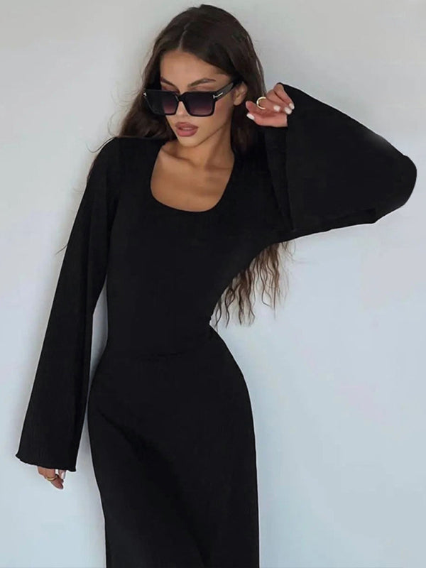 Feminine U-neck tie-back long-sleeved dress kakaclo