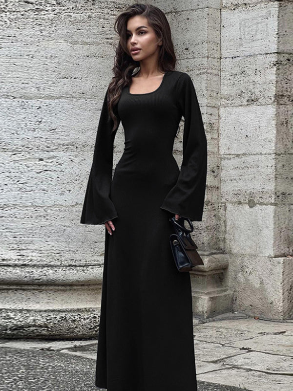Feminine U-neck tie-back long-sleeved dress kakaclo