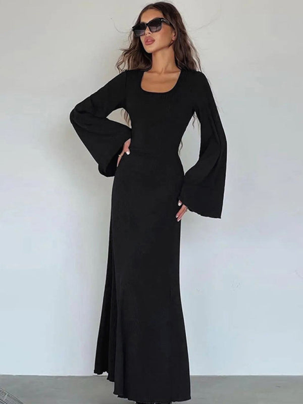 Feminine U-neck tie-back long-sleeved dress kakaclo