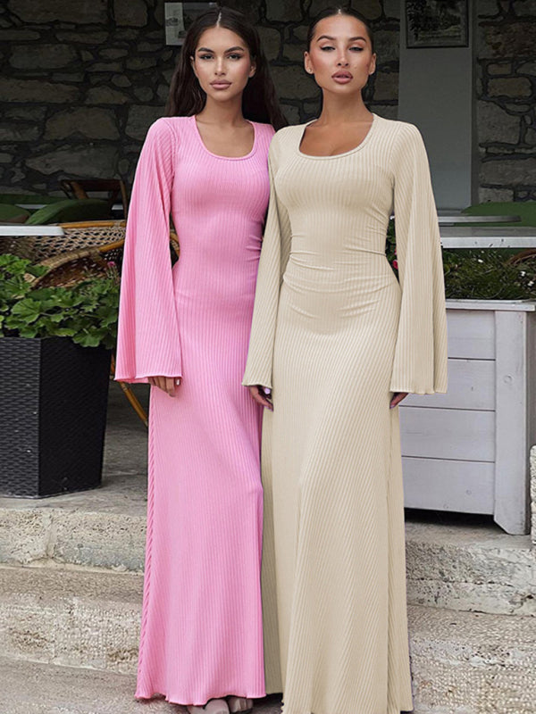 Feminine U-neck tie-back long-sleeved dress kakaclo