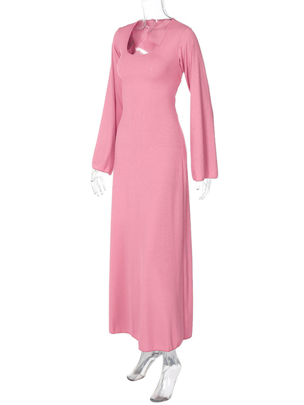 Feminine U-neck tie-back long-sleeved dress kakaclo