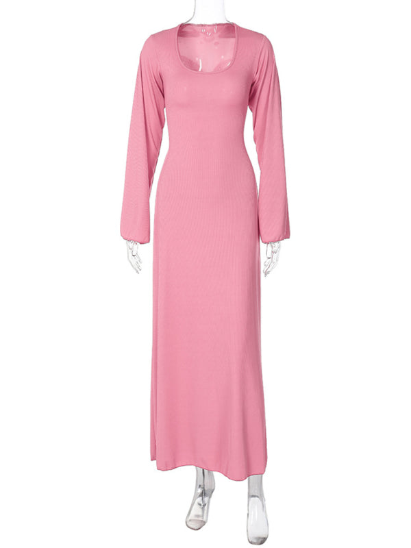 Feminine U-neck tie-back long-sleeved dress kakaclo