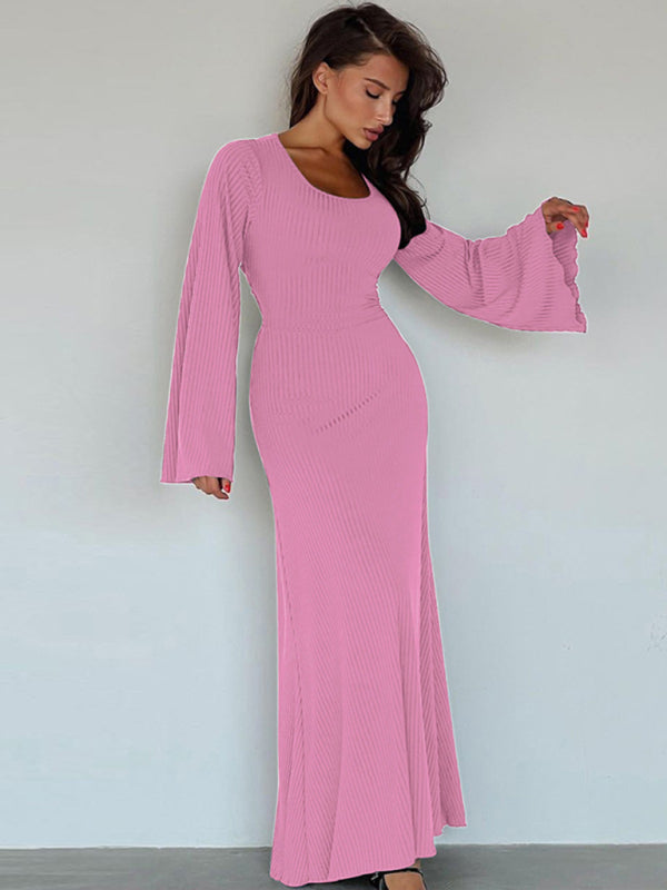 Feminine U-neck tie-back long-sleeved dress kakaclo