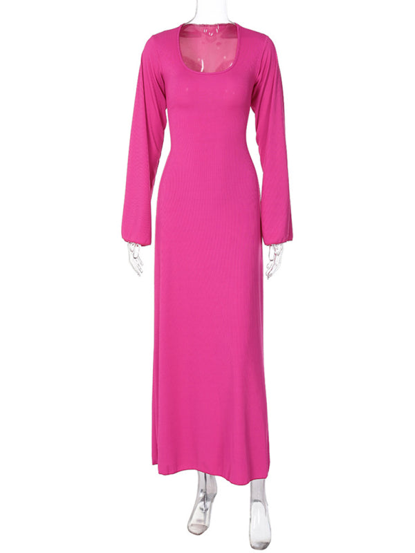 Feminine U-neck tie-back long-sleeved dress kakaclo