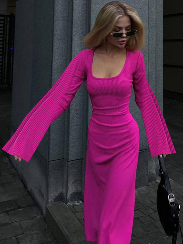 Feminine U-neck tie-back long-sleeved dress kakaclo