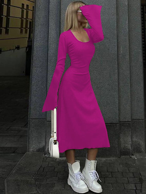 Feminine U-neck tie-back long-sleeved dress kakaclo