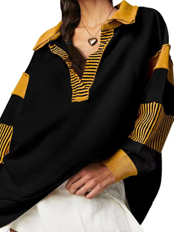 loose V-neck long-sleeved patchwork sweatshirt kakaclo