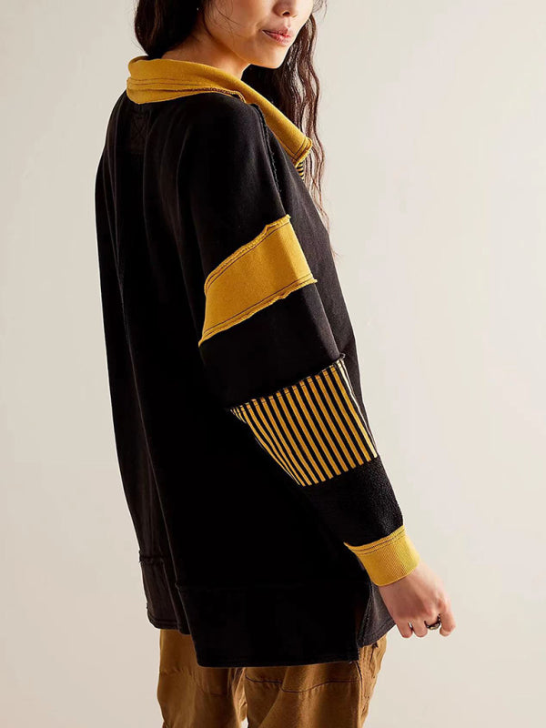 loose V-neck long-sleeved patchwork sweatshirt kakaclo