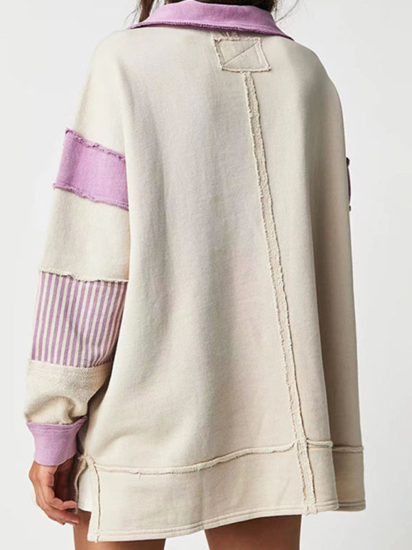 loose V-neck long-sleeved patchwork sweatshirt kakaclo