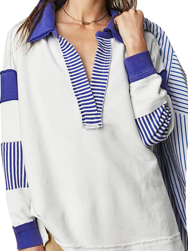 loose V-neck long-sleeved patchwork sweatshirt kakaclo