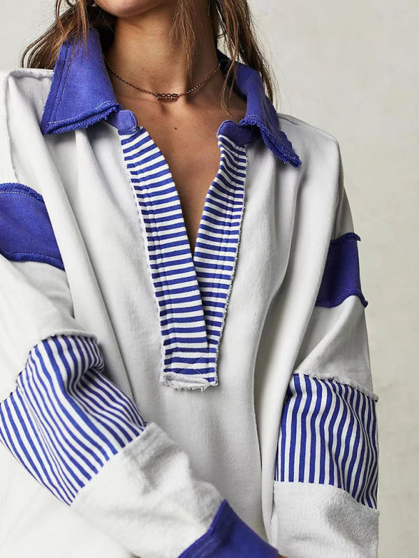 loose V-neck long-sleeved patchwork sweatshirt kakaclo