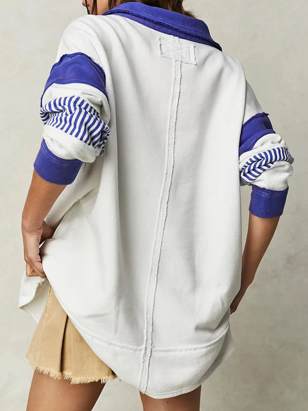 loose V-neck long-sleeved patchwork sweatshirt kakaclo