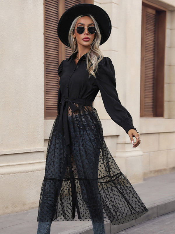 solid color elegant patchwork long-sleeved shirt dress kakaclo