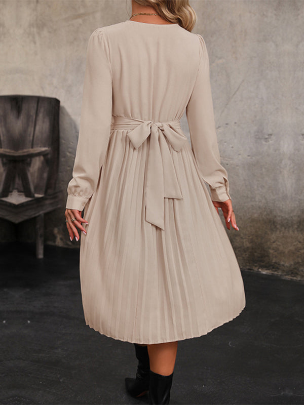 long sleeve solid color pleated waist dress BLUE ZONE PLANET