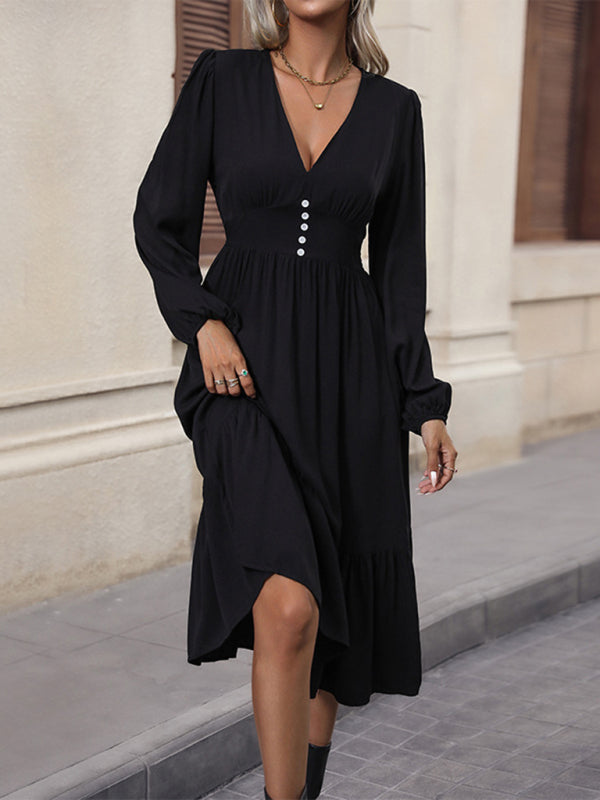 long-sleeved solid color V-neck waist dress BLUE ZONE PLANET