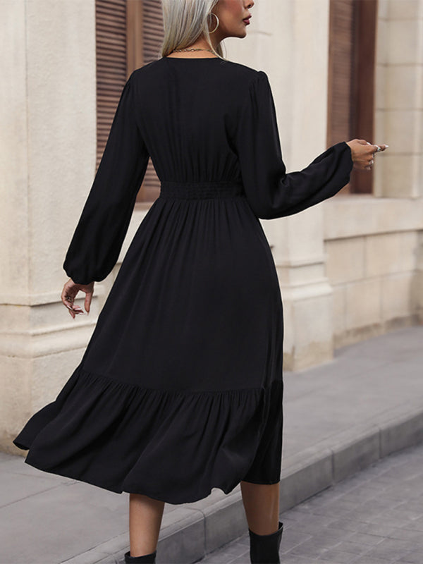 long-sleeved solid color V-neck waist dress BLUE ZONE PLANET