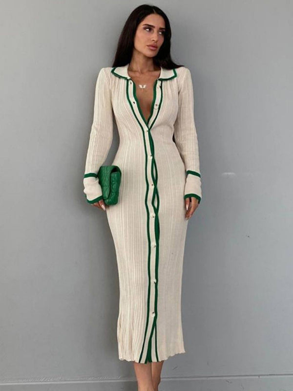 slim fit lapel patchwork long sleeve cardigan dress kakaclo