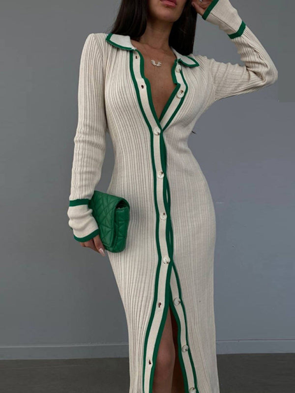 slim fit lapel patchwork long sleeve cardigan dress kakaclo