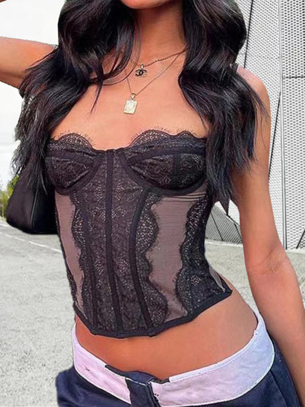 Isabella's Embroidered Lace Fishbone Spaghetti Strap Transparent Backless Tube Top kakaclo