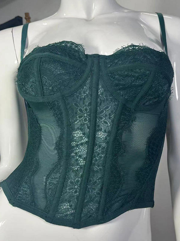 Isabella's Embroidered Lace Fishbone Spaghetti Strap Transparent Backless Tube Top kakaclo