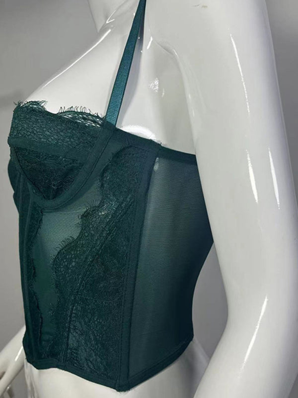 Isabella's Embroidered Lace Fishbone Spaghetti Strap Transparent Backless Tube Top kakaclo