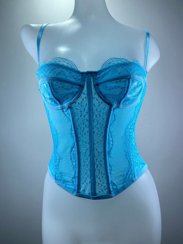 Isabella's Embroidered Lace Fishbone Spaghetti Strap Transparent Backless Tube Top kakaclo