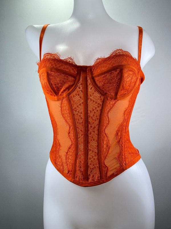 Isabella's Embroidered Lace Fishbone Spaghetti Strap Transparent Backless Tube Top kakaclo
