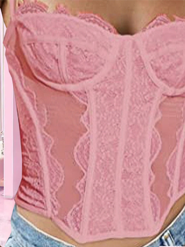 Isabella's Embroidered Lace Fishbone Spaghetti Strap Transparent Backless Tube Top kakaclo