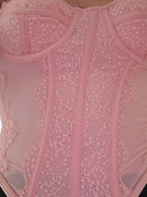 Isabella's Embroidered Lace Fishbone Spaghetti Strap Transparent Backless Tube Top kakaclo