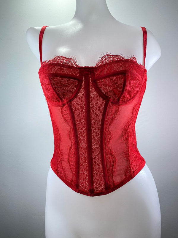 Isabella's Embroidered Lace Fishbone Spaghetti Strap Transparent Backless Tube Top kakaclo
