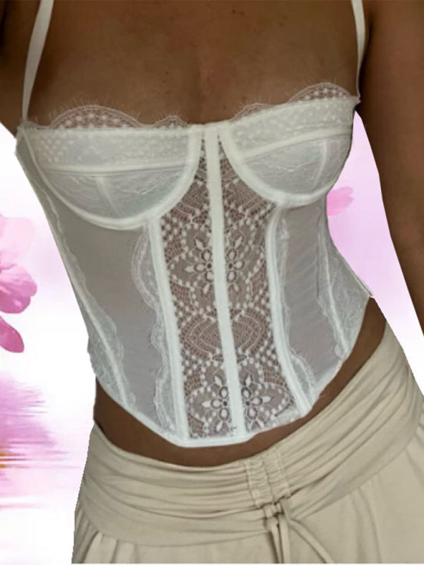 Isabella's Embroidered Lace Fishbone Spaghetti Strap Transparent Backless Tube Top kakaclo
