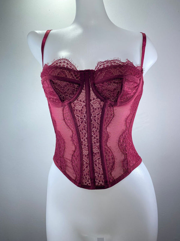Isabella's Embroidered Lace Fishbone Spaghetti Strap Transparent Backless Tube Top kakaclo