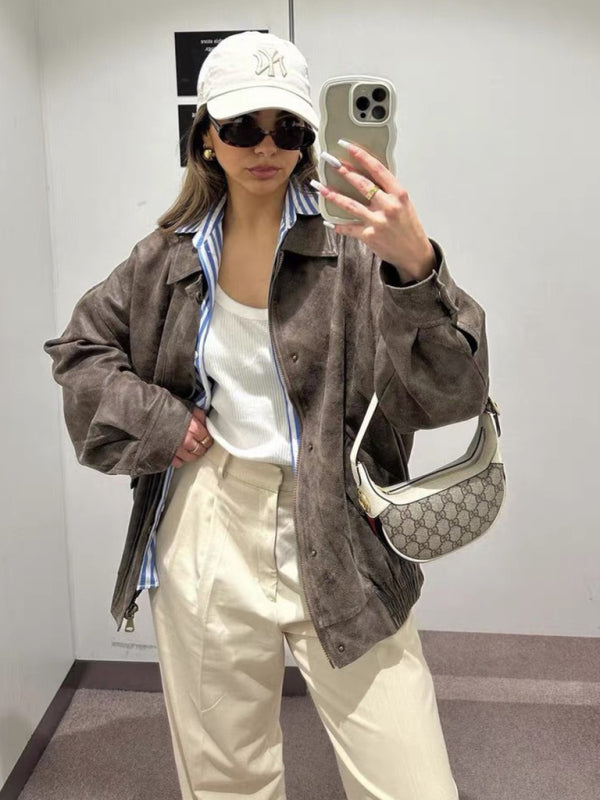 Blue Zone Planet | American retro loose silhouette lapel flight jacket leather jacket BLUE ZONE PLANET