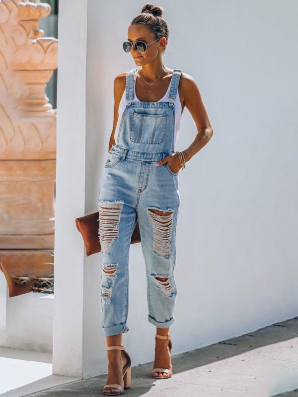 Blue Zone Planet |  Ella's Distressed mid-waist denim jumpsuit BLUE ZONE PLANET