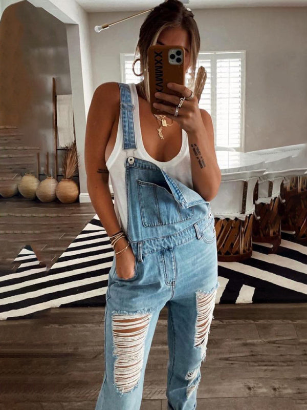 Blue Zone Planet |  Ella's Distressed mid-waist denim jumpsuit BLUE ZONE PLANET