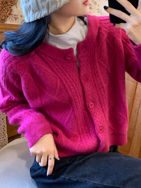 retro gentle solid color round neck twist knitted cardigan loose short sweater jacket kakaclo